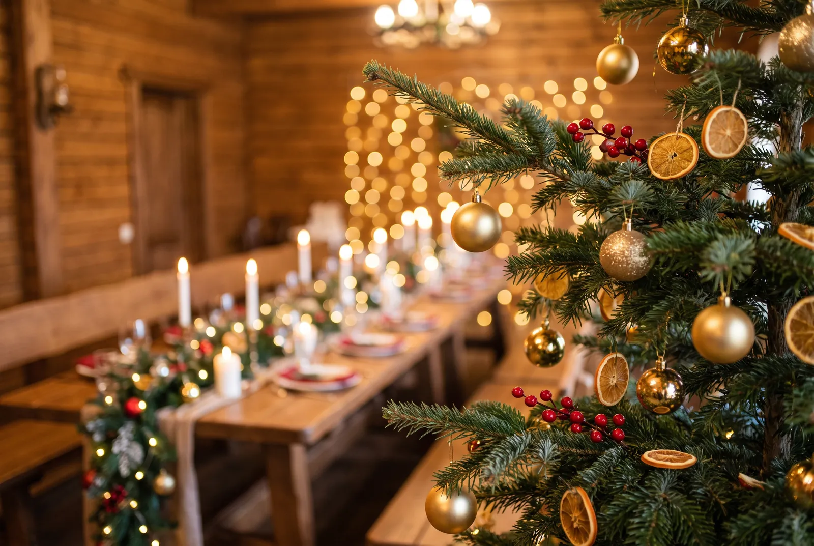 Festlich gedeckter Saal für eine Weihnachtsfeier