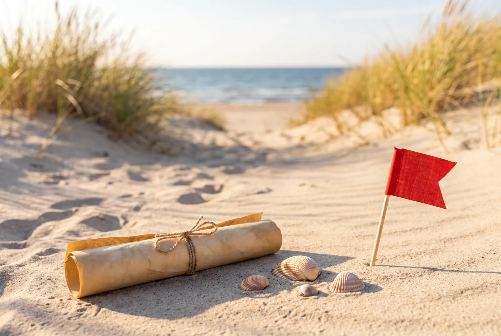 Alte Karte und Muscheln im Sand am Ostseestrand