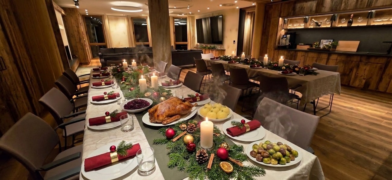 Festlich eingedeckte Weihnachtstafel mit Ente, Rotkohl und Klößen in der Eventetage