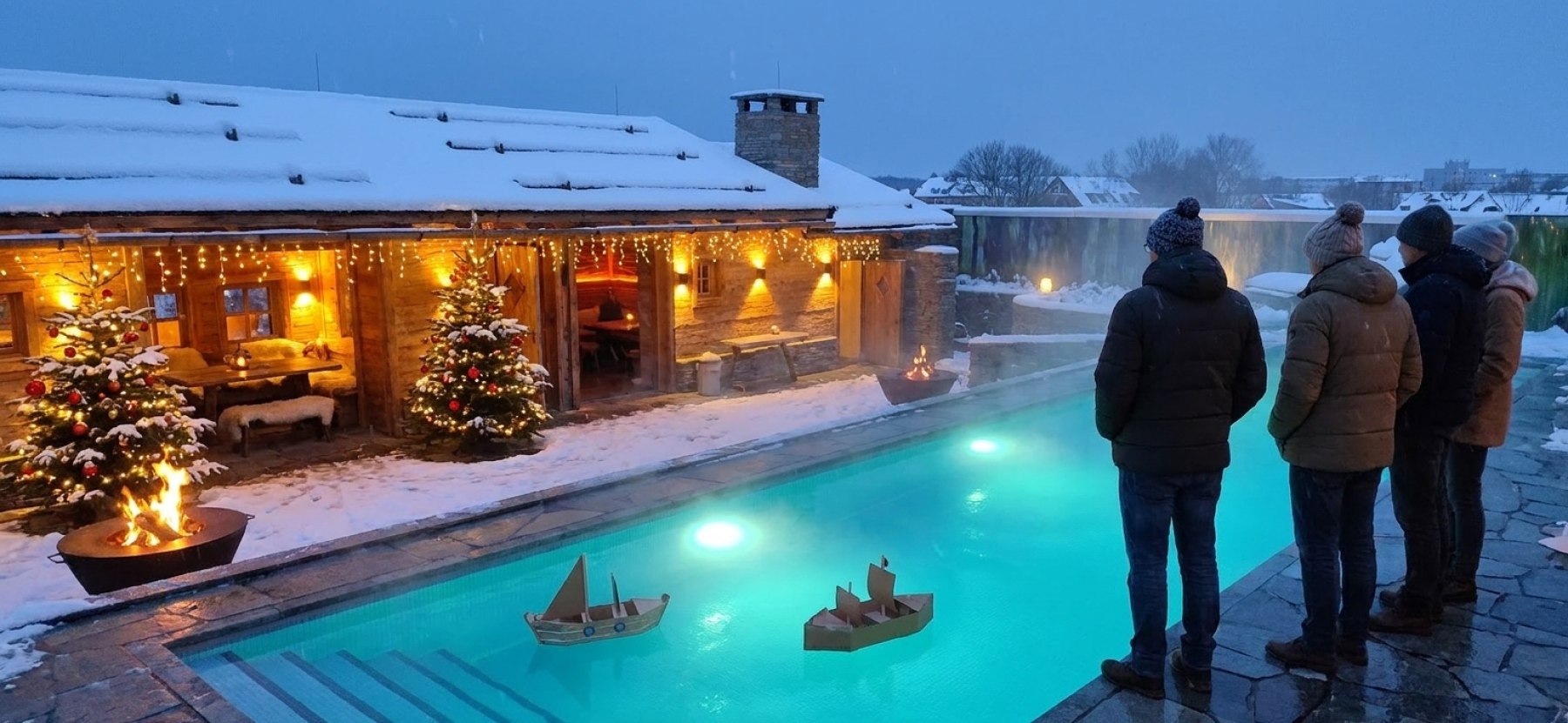 Winterabend auf der Dachterrasse: Bootsrennen im beleuchteten Pool