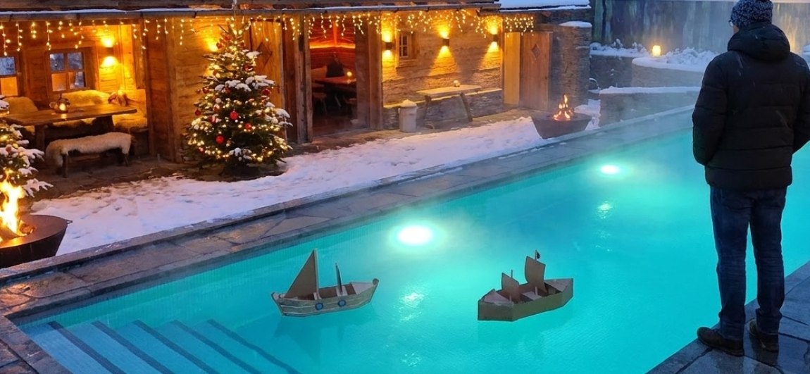 Selbstgebaute Boote im beleuchteten Pool am Winterabend